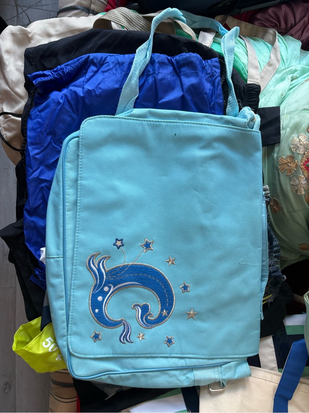 Light Blue Embroidered Whale Tote/ crossbody bag